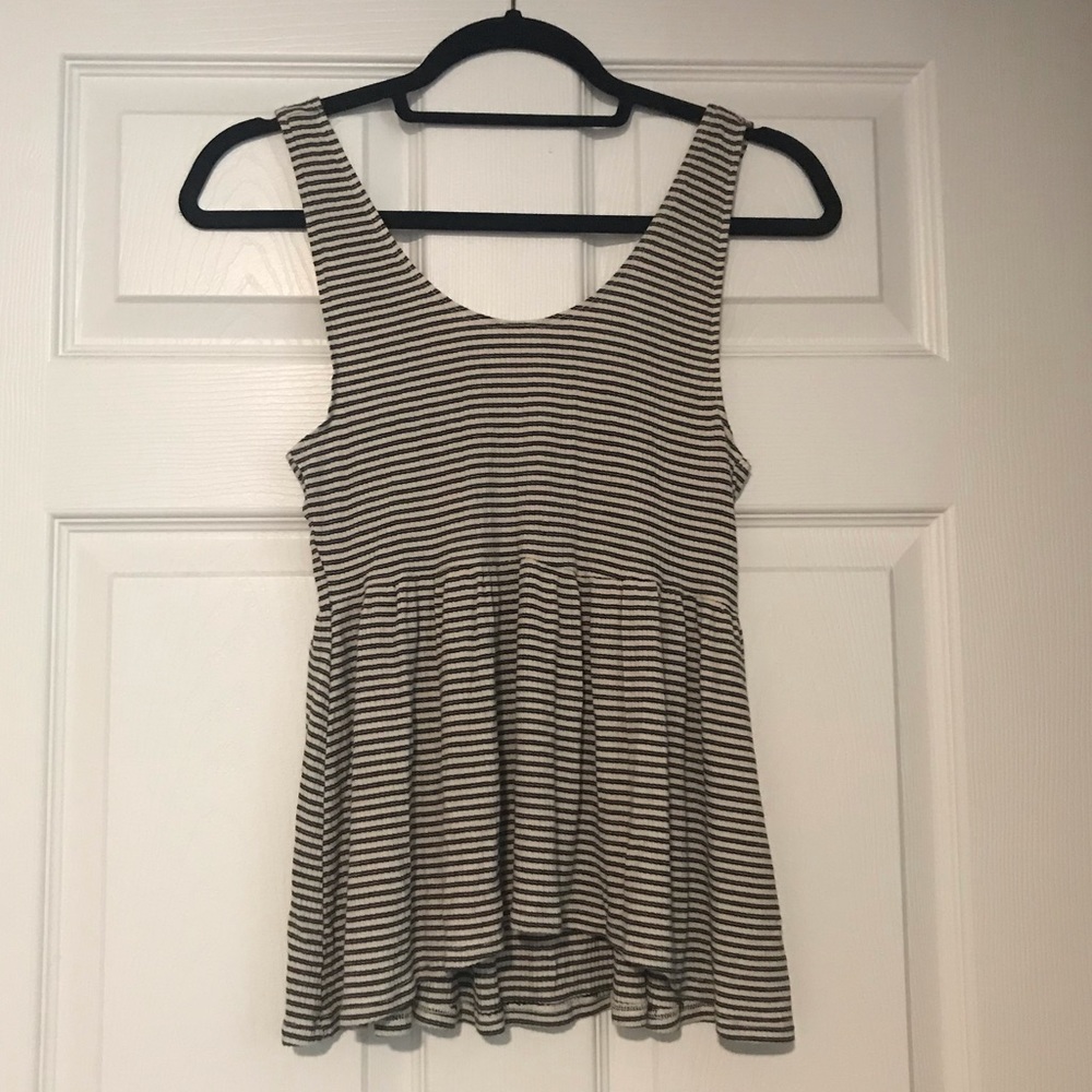 American Eagle Black and White Striped Ribbed Peplum Tank